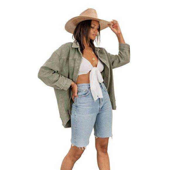 12th Tribe Nashville nights oversized olive shacket One Size - Picture 1 of 10
